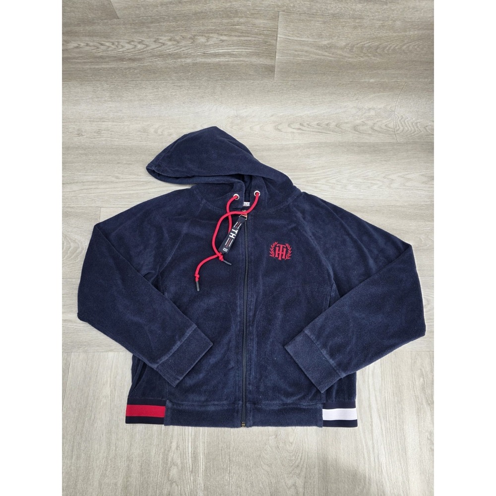 Tommy Hilfiger Sweater Womens Medium Blue Crop Full Zip Hoodie Sweatshirt